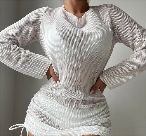 Beach Cover Up White Sexy Backless Mesh Long Sleeve Sun Protection Overshirt Swimsuit Outerwear Shirt Bella Mia