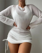 Beach Cover Up White Sexy Backless Mesh Long Sleeve Sun Protection Overshirt Swimsuit Outerwear Shirt Bella Mia