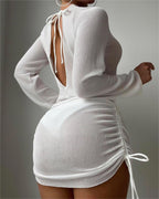 Beach Cover Up White Sexy Backless Mesh Long Sleeve Sun Protection Overshirt Swimsuit Outerwear Shirt Bella Mia