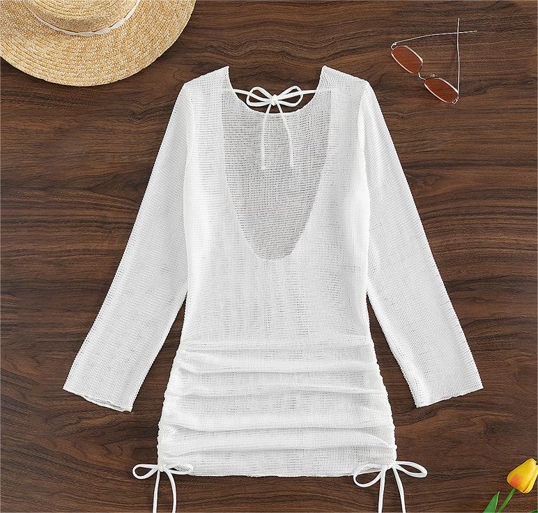 Beach Cover Up White Sexy Backless Mesh Long Sleeve Sun Protection Overshirt Swimsuit Outerwear Shirt Bella Mia