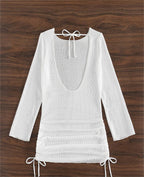 Beach Cover Up White Sexy Backless Mesh Long Sleeve Sun Protection Overshirt Swimsuit Outerwear Shirt Bella Mia