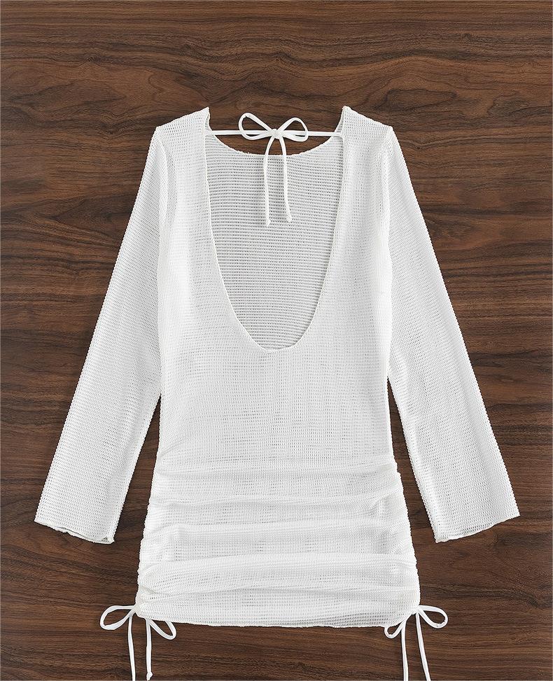 Beach Cover Up White Sexy Backless Mesh Long Sleeve Sun Protection Overshirt Swimsuit Outerwear Shirt Bella Mia