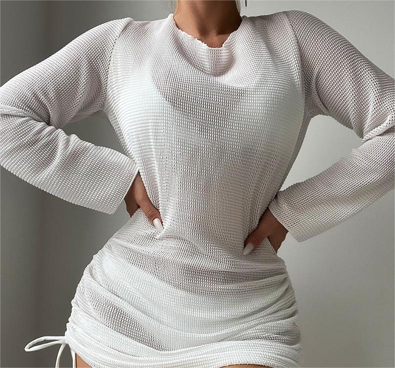 Beach Cover Up White Sexy Backless Mesh Long Sleeve Sun Protection Overshirt Swimsuit Outerwear Shirt Bella Mia