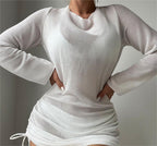 Beach Cover Up White Sexy Backless Mesh Long Sleeve Sun Protection Overshirt Swimsuit Outerwear Shirt Bella Mia