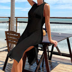 Beach Vacation Sexy Solid Color Round Neck Woven Texture High Slit Beach Sun Shield Hanfu Long Robe Bella Mia