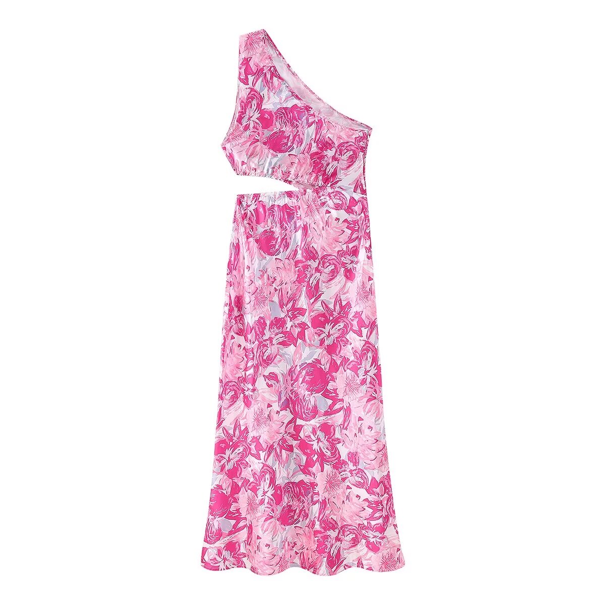 Spring Women Pink Oblique Shoulder Printed Cropped Outfit Sleeveless Dress