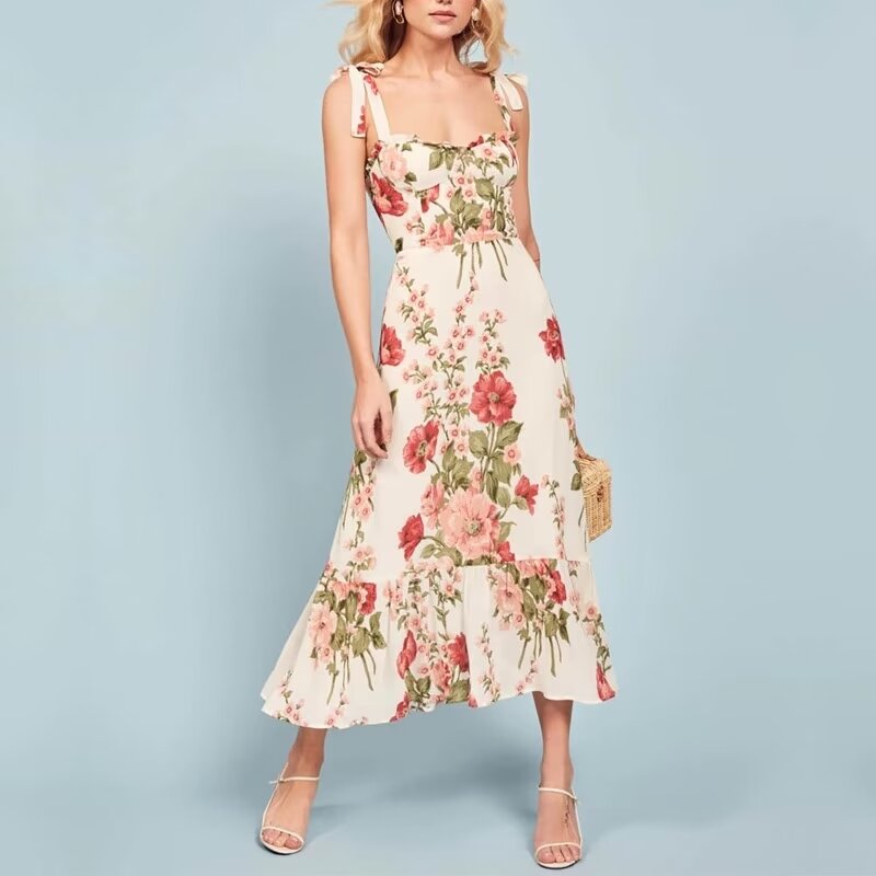 Spring Retro Vacation Floral Printing White Background Lace up Sleeveless Cami Dress Bella Mia