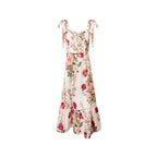 Spring Retro Vacation Floral Printing White Background Lace up Sleeveless Cami Dress Bella Mia