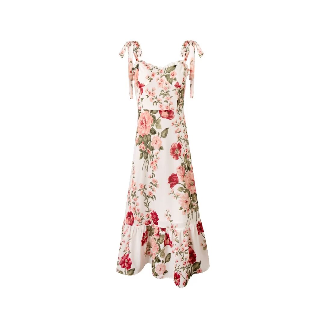 Spring Retro Vacation Floral Printing White Background Lace up Sleeveless Cami Dress Bella Mia