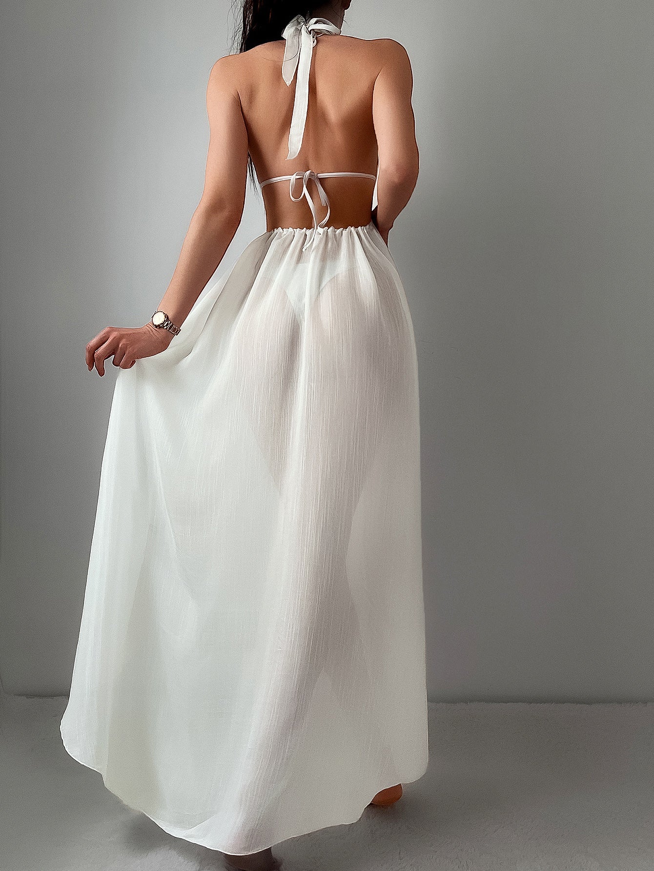 Beach Cover up Bikini Sun Protection Shacket Solid Color Halter Backless Long Swimsuit Bella Mia