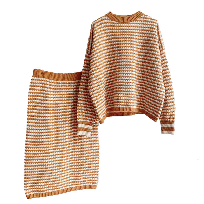 Artistic Retro Striped Knitted Skirt Women Korean Knitted Sheath Skirt Two Piece Set Bella Mia
