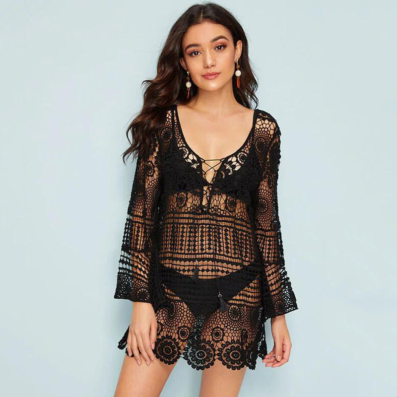 Bell Sleeve Water Soluble Hollow Out Cutout Loose Beach Cover Up Sun Proof Vacation Beach Dress Women Swimsuit Outer Wear Bella Mia