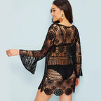 Bell Sleeve Water Soluble Hollow Out Cutout Loose Beach Cover Up Sun Proof Vacation Beach Dress Women Swimsuit Outer Wear Bella Mia