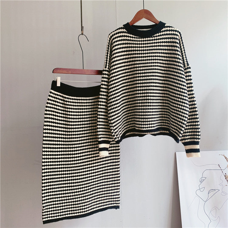 Artistic Retro Striped Knitted Skirt Women Korean Knitted Sheath Skirt Two Piece Set Bella Mia
