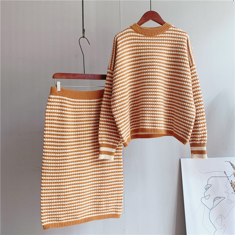 Artistic Retro Striped Knitted Skirt Women Korean Knitted Sheath Skirt Two Piece Set Bella Mia