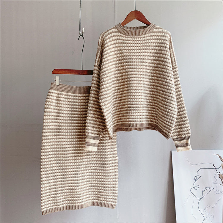 Artistic Retro Striped Knitted Skirt Women Korean Knitted Sheath Skirt Two Piece Set Bella Mia