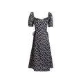 French Retro Square Collar Puff Sleeve Printed Dress Women Slim High Waist Lace up Midi Spring Summer