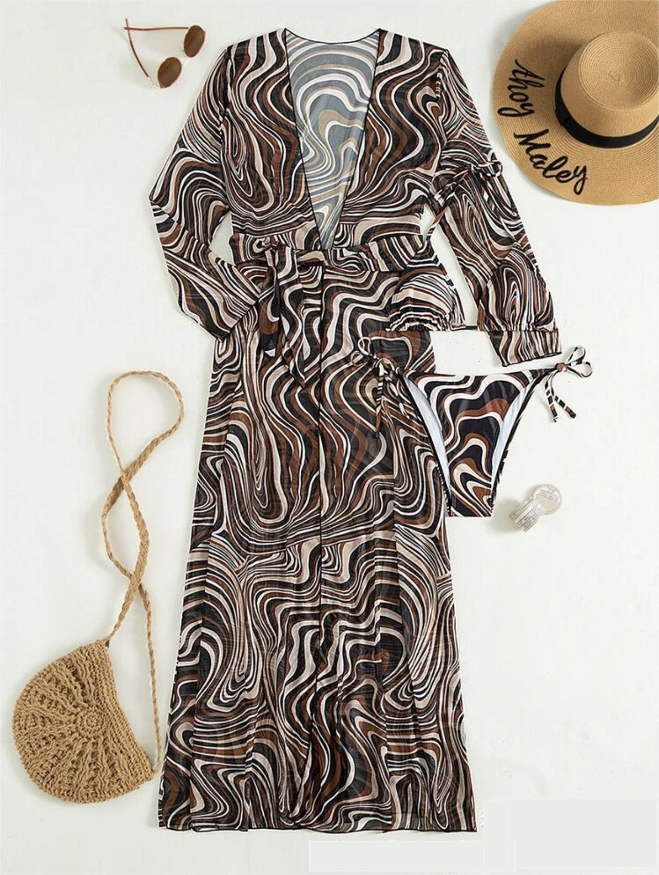 Three Piece Set Long Sleeve Mesh Long Belt Beach Anti Ddos Bikini Swimsuit for Women Bella Mia