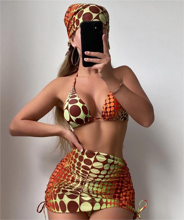 Printed Drawstring Lace Split Four Piece Swimsuit Women Sexy Triangle Bikini Bella Mia