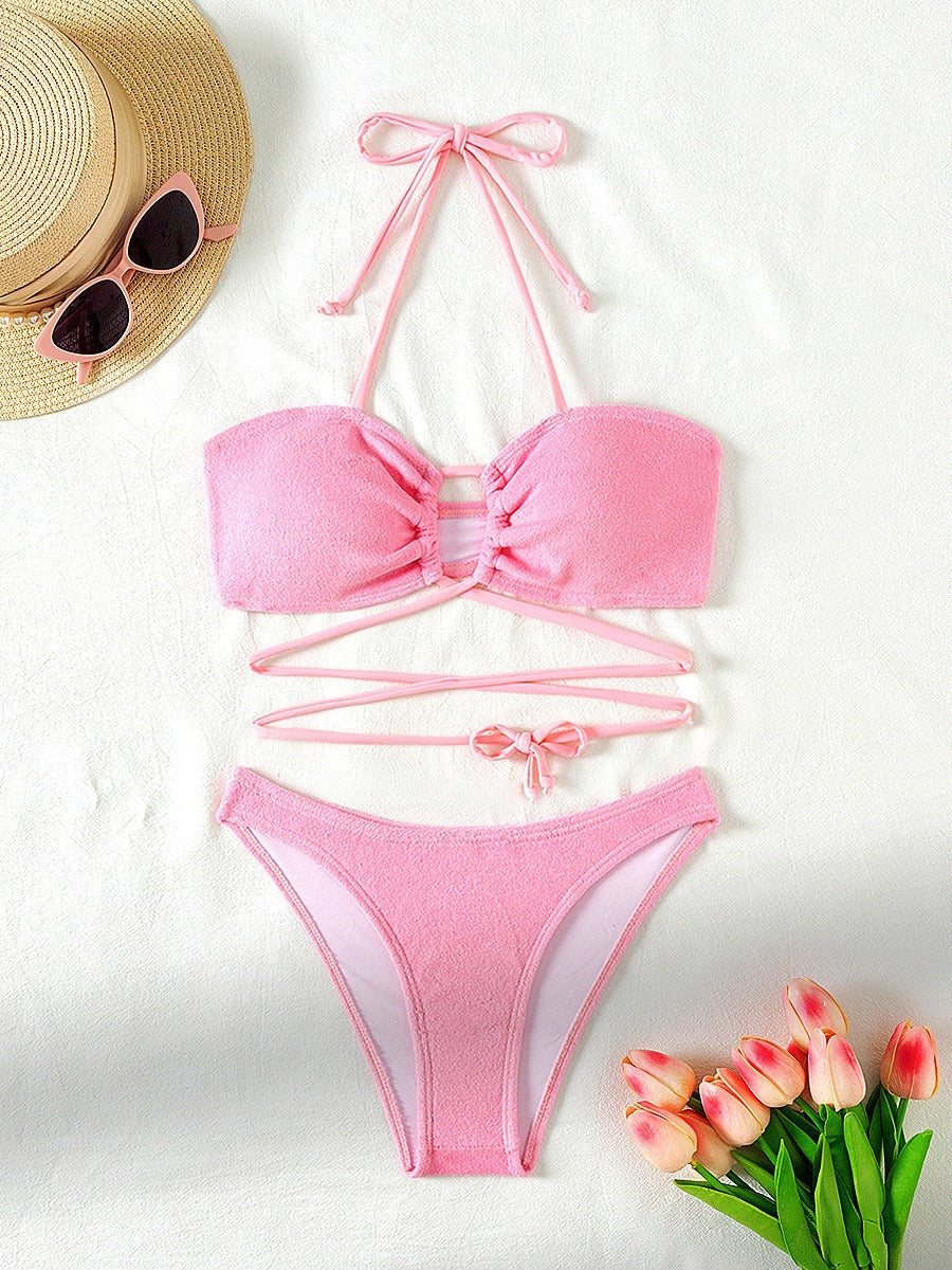 Split Swimsuit Women Hollow Out Cutout Sexy Bikini Triangle Two Piece Set Lace up Solid Color Bella Mia