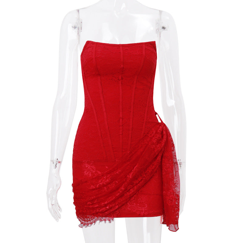 Fall Women Clothing Sexy Lace Boning Corset off Shoulder Tube Top Slightly Transparent Slim Fit Dress Women Bella Mia