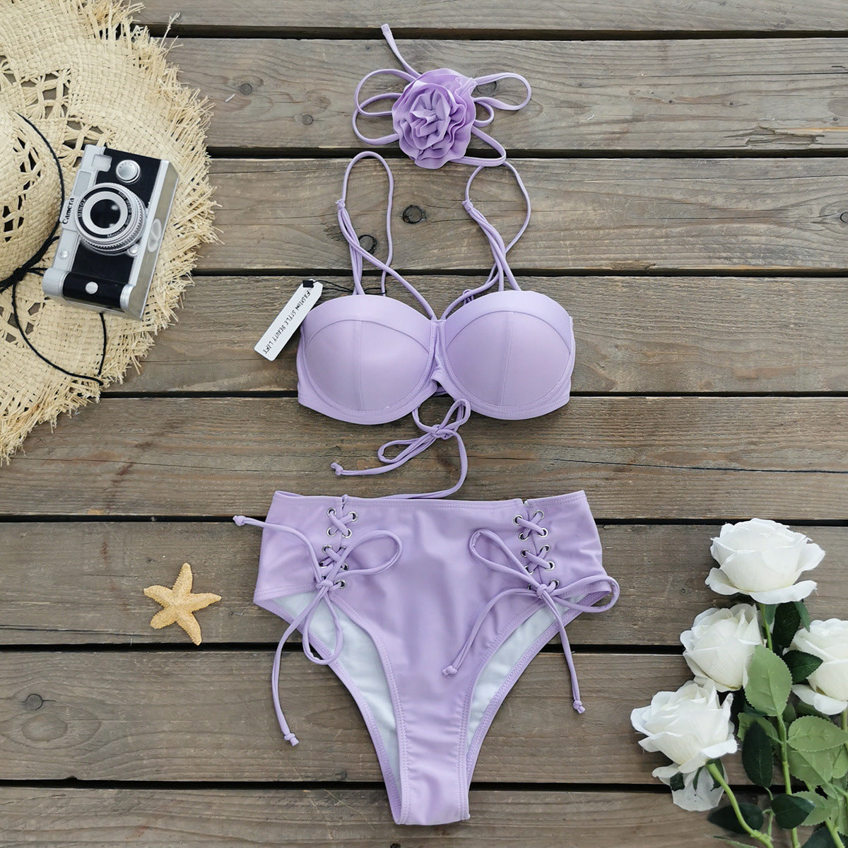 Solid Color Lace up Tube Top High Waist Bikini Skirt Three Piece Set Split Swimsuit for Women Bella Mia