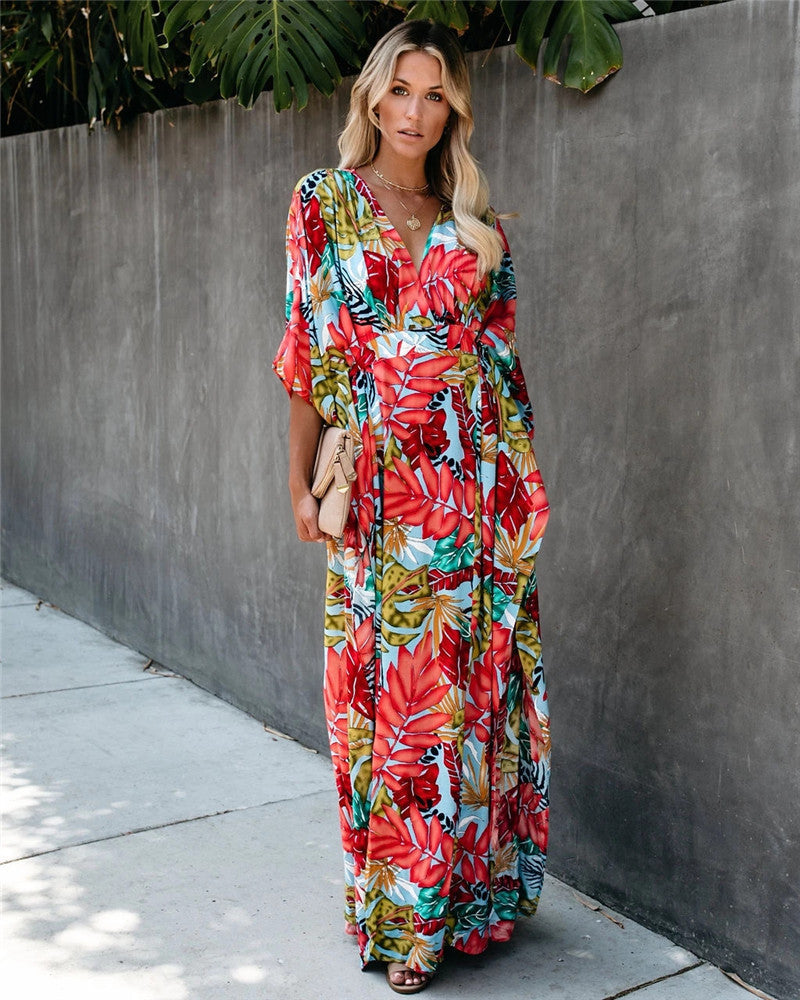 Large Floral Beach Cover-up Vacation Sun Protection Shirt Robe Dress Beach Cover Up Bella Mia