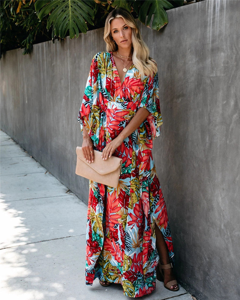 Large Floral Beach Cover-up Vacation Sun Protection Shirt Robe Dress Beach Cover Up Bella Mia