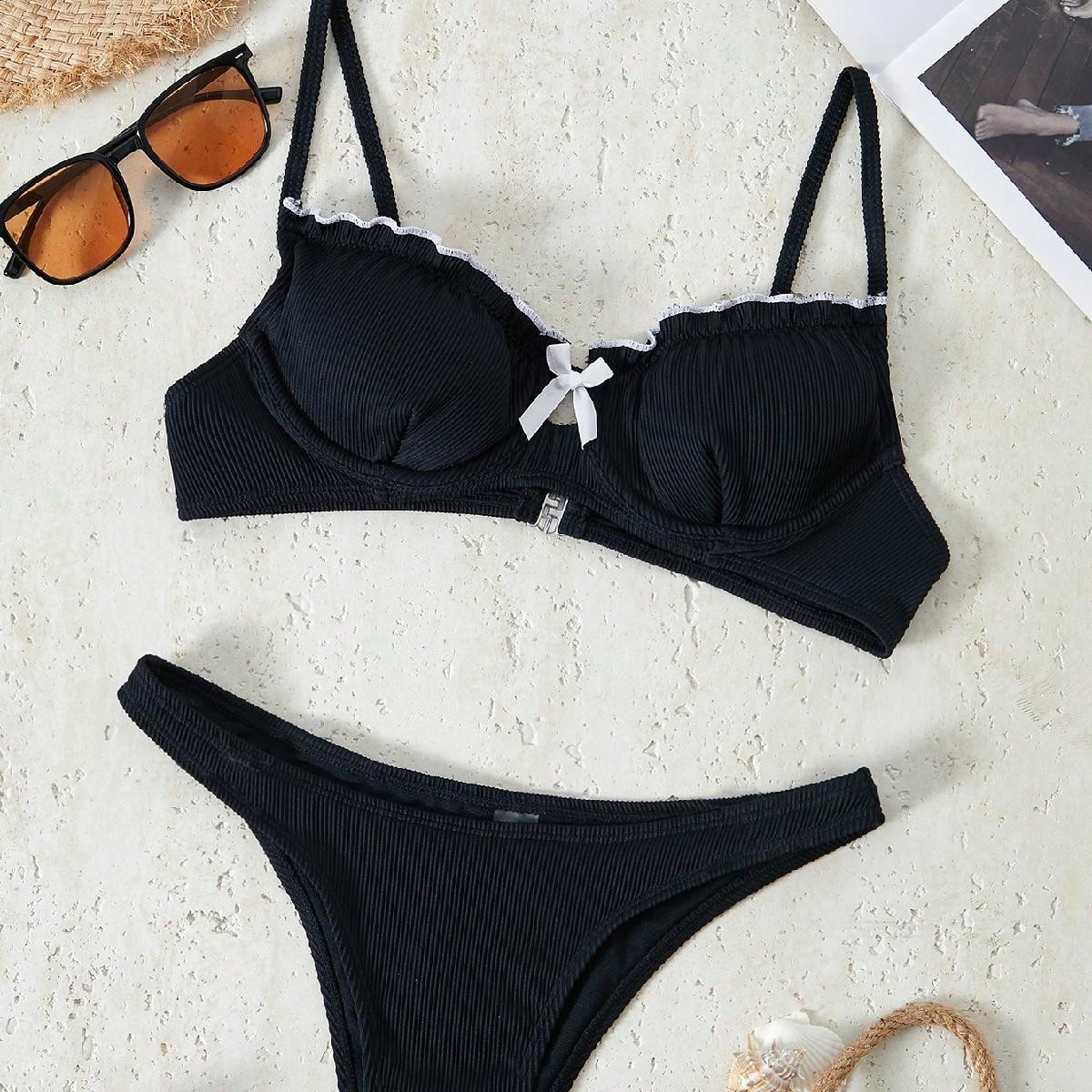 Bikinx Solid Color Contrast Binding Thin Strap Bikini Set With Underwire Bella Mia