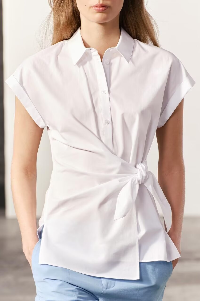Spring Summer Type Elegant Retro Design Lace up White Shirt Poplin Shirt Women Tops Bella Mia