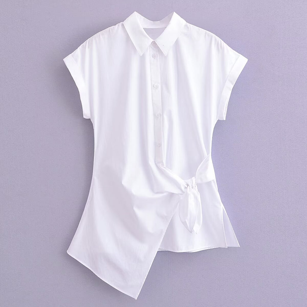 Spring Summer Type Elegant Retro Design Lace up White Shirt Poplin Shirt Women Tops Bella Mia