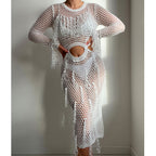 Hollow Out Cutout Knitted Sequin Tassel round Neck Cropped Outfit Long Sleeve Vacation Dress Swimsuit Blouse Sun Protection Clothing Dress Crochet hook Bella Mia
