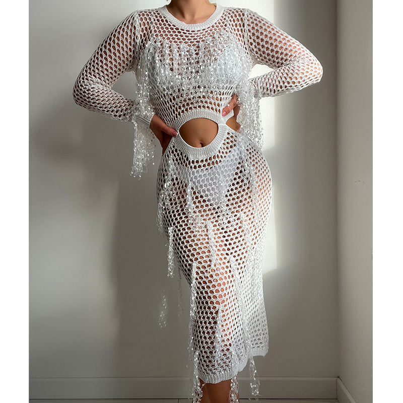 Hollow Out Cutout Knitted Sequin Tassel round Neck Cropped Outfit Long Sleeve Vacation Dress Swimsuit Blouse Sun Protection Clothing Dress Crochet hook Bella Mia