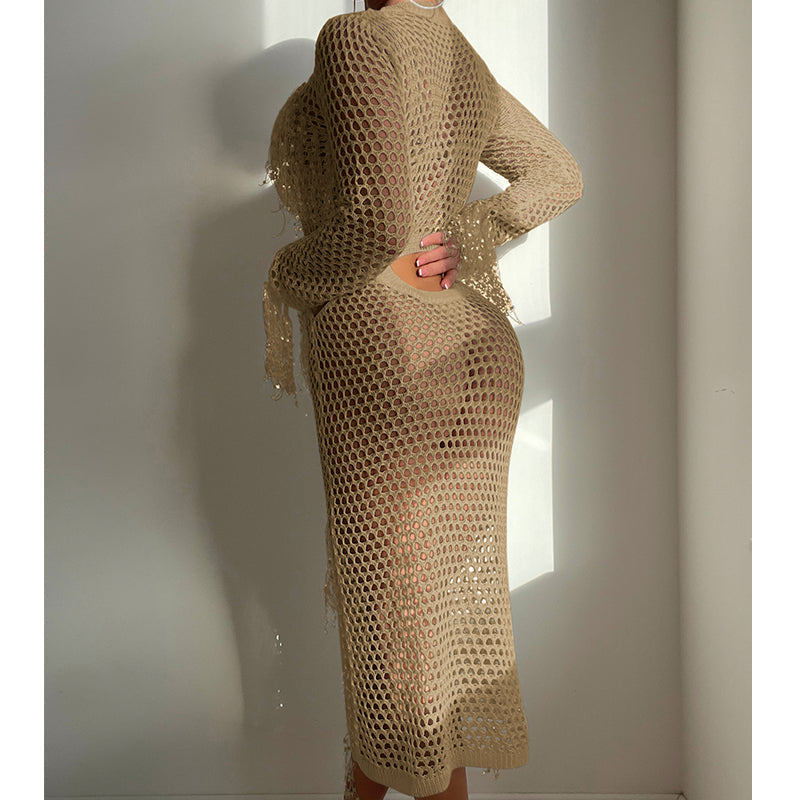 Hollow Out Cutout Knitted Sequin Tassel round Neck Cropped Outfit Long Sleeve Vacation Dress Swimsuit Blouse Sun Protection Clothing Dress Crochet hook Bella Mia