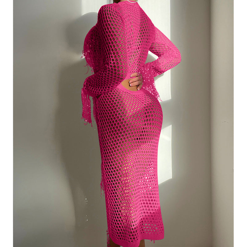 Hollow Out Cutout Knitted Sequin Tassel round Neck Cropped Outfit Long Sleeve Vacation Dress Swimsuit Blouse Sun Protection Clothing Dress Crochet hook Bella Mia