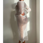 Hollow Out Cutout Knitted Sequin Tassel round Neck Cropped Outfit Long Sleeve Vacation Dress Swimsuit Blouse Sun Protection Clothing Dress Crochet hook Bella Mia