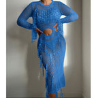 Hollow Out Cutout Knitted Sequin Tassel round Neck Cropped Outfit Long Sleeve Vacation Dress Swimsuit Blouse Sun Protection Clothing Dress Crochet hook Bella Mia