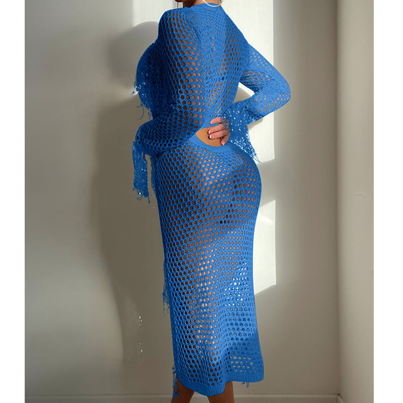 Hollow Out Cutout Knitted Sequin Tassel round Neck Cropped Outfit Long Sleeve Vacation Dress Swimsuit Blouse Sun Protection Clothing Dress Crochet hook Bella Mia