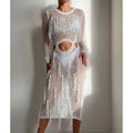 Hollow Out Cutout Knitted Sequin Tassel round Neck Cropped Outfit Long Sleeve Vacation Dress Swimsuit Blouse Sun Protection Clothing Dress Crochet hook Bella Mia