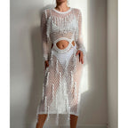 Hollow Out Cutout Knitted Sequin Tassel round Neck Cropped Outfit Long Sleeve Vacation Dress Swimsuit Blouse Sun Protection Clothing Dress Crochet hook Bella Mia