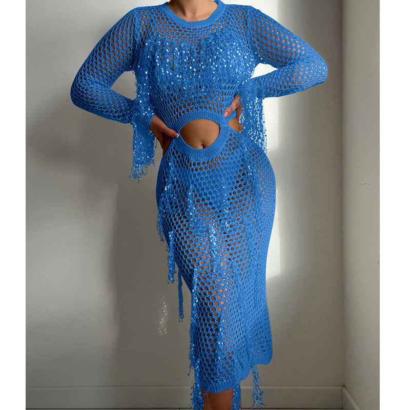 Hollow Out Cutout Knitted Sequin Tassel round Neck Cropped Outfit Long Sleeve Vacation Dress Swimsuit Blouse Sun Protection Clothing Dress Crochet hook Bella Mia