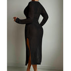 Sexy Hollow Out Cutout Knitted Deep V Plunge Lace up Waist Controlled Long Sleeve Split Skirt Vacation Dress Swimsuit Blouse Crochet hook Bella Mia