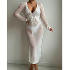 Sexy Hollow Out Cutout Knitted Deep V Plunge Lace up Waist Controlled Long Sleeve Split Skirt Vacation Dress Swimsuit Blouse Crochet hook Bella Mia
