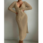 Sexy Hollow Out Cutout Knitted Deep V Plunge Lace up Waist Controlled Long Sleeve Split Skirt Vacation Dress Swimsuit Blouse Crochet hook Bella Mia
