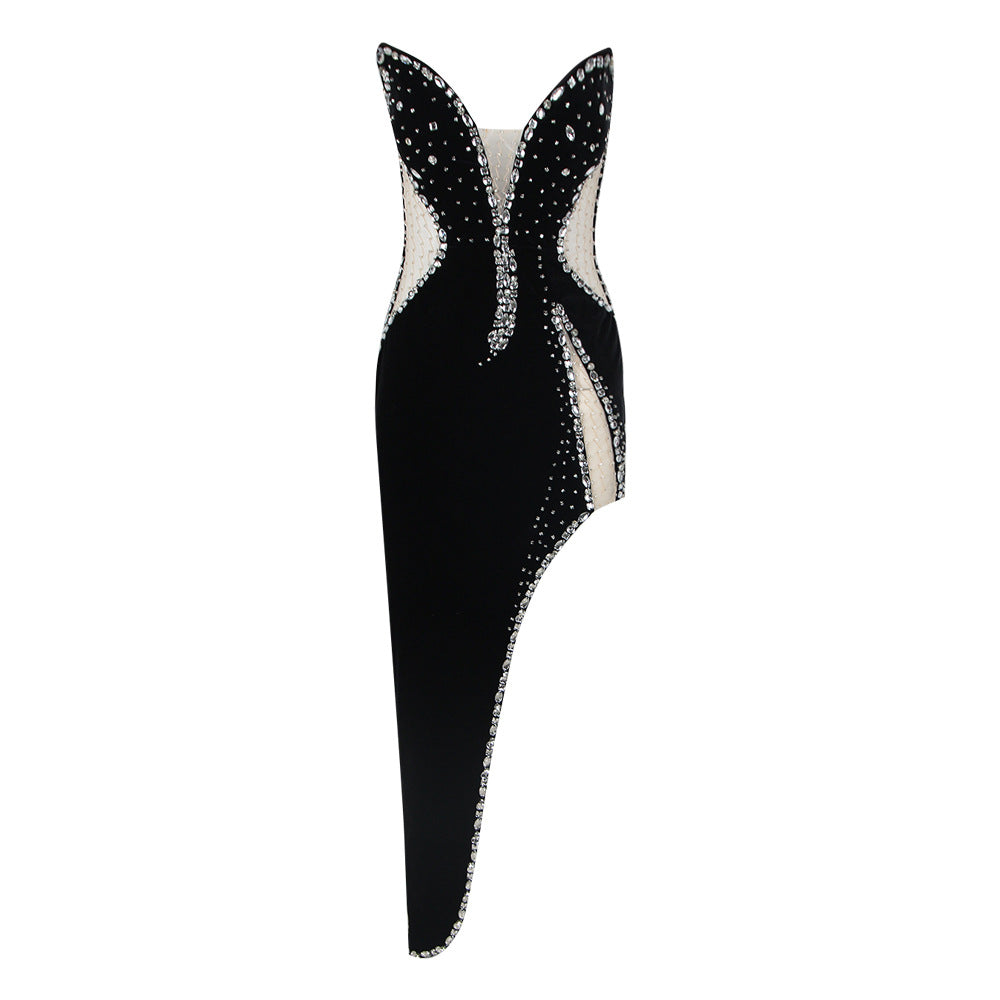 Spring Mid Length Sexy Dress Velvet Sexy High Split Beaded Heavy Industry Bella Mia