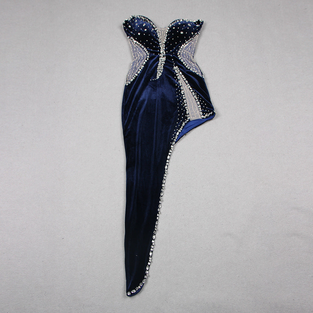 Spring Mid Length Sexy Dress Velvet Sexy High Split Beaded Heavy Industry Bella Mia