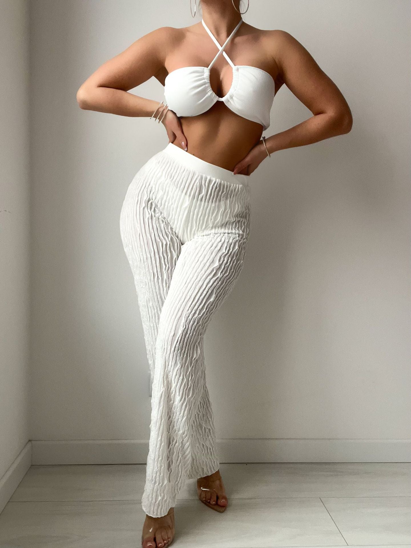 Solid Color Thread Fabric Halter Bikini Trousers Three Piece Set Sexy Swimsuit Bella Mia