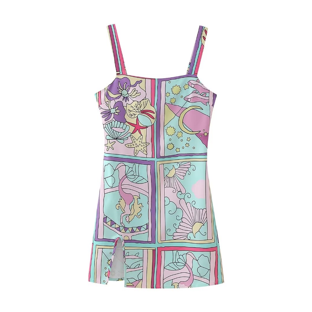 Spring Women Street Printed Slit Short Suspender Dress Bella Mia