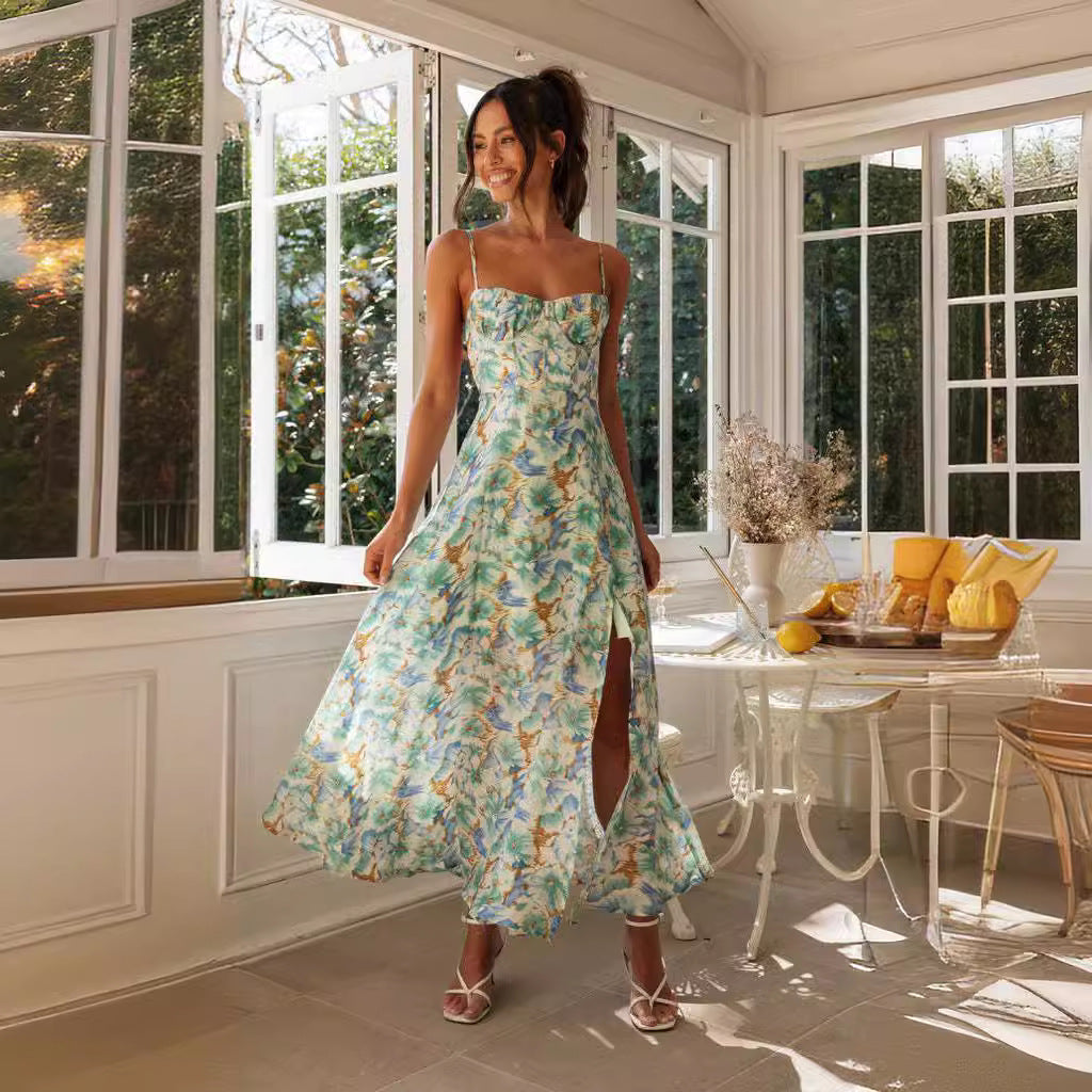 Summer Suspender Printed Hem Slit Backless Maxi Dress Bella Mia