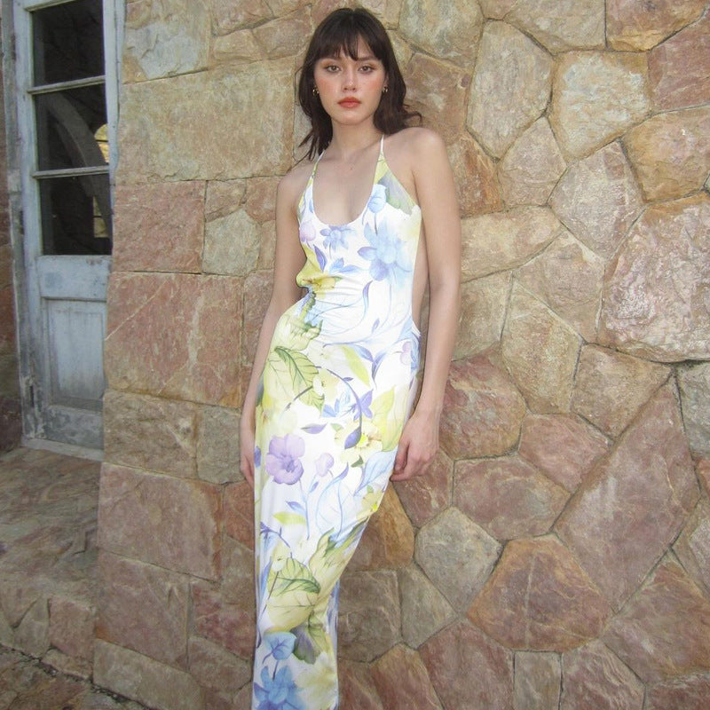Women Clothing Spring Summer Printed Sexy Backless U Neck Slim Strap Dress Bella Mia